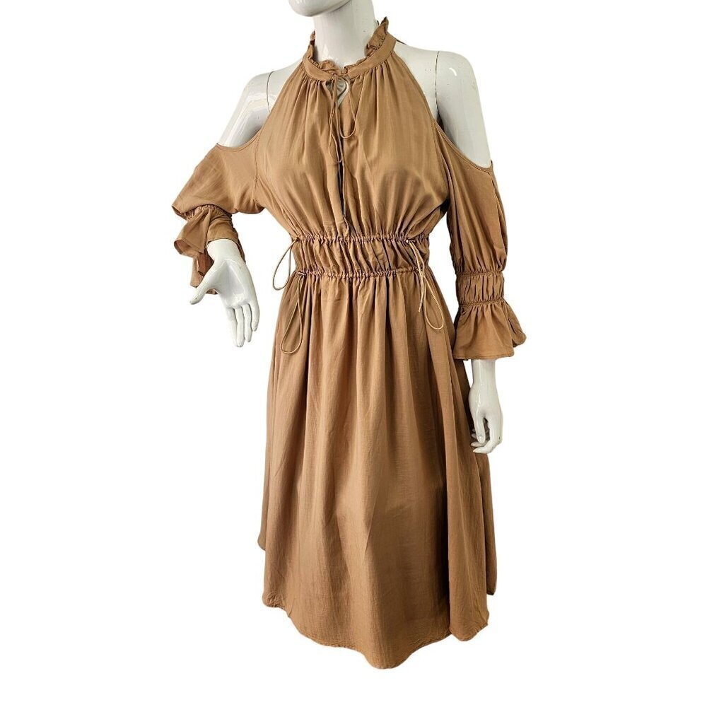 SHEIN Premium Gatherd Flowy Midi Dress Women S Cold Shoulder Halter Neck Tan NEW
